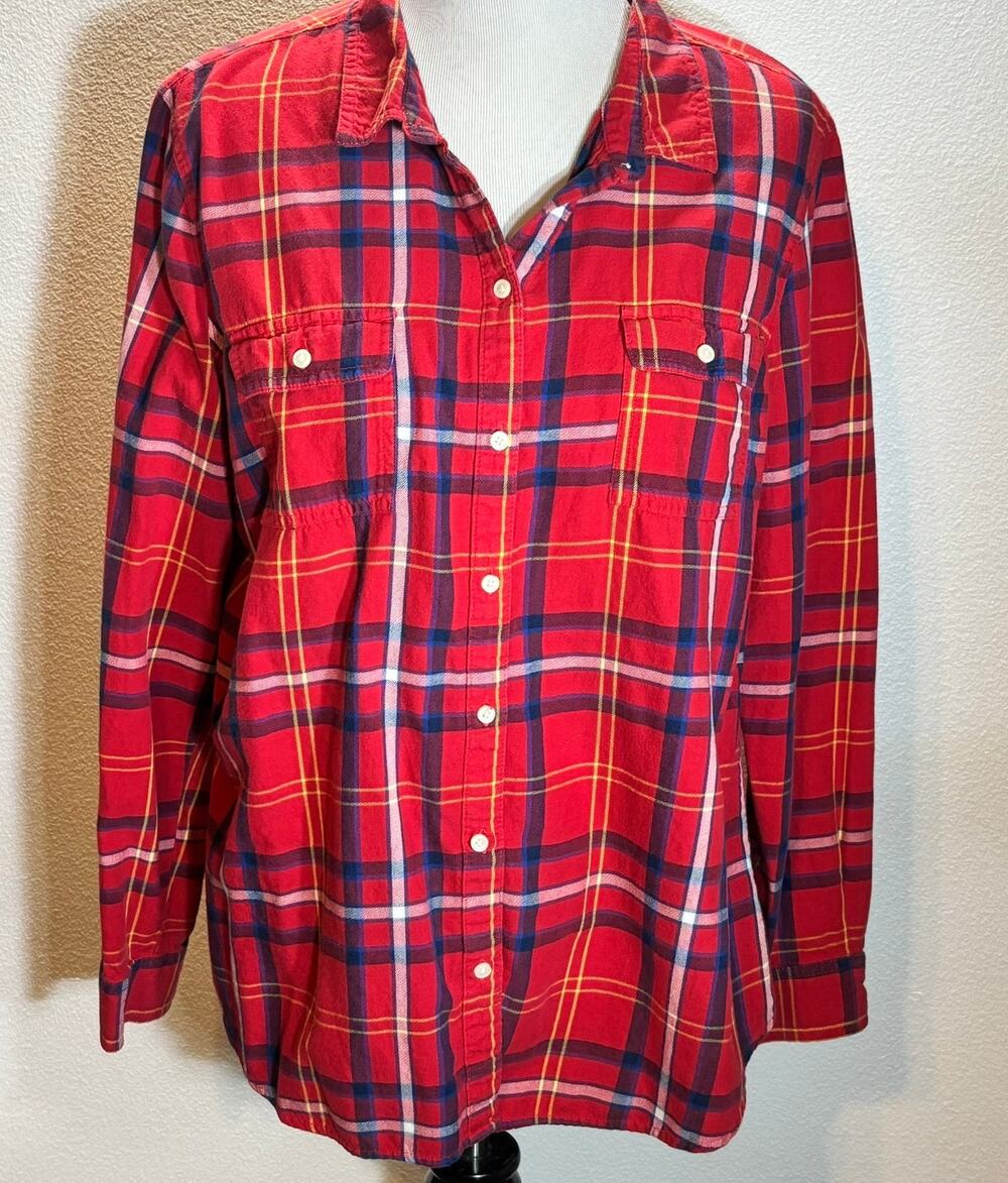 Old Navy Red Plaid Button Down Shirt XL Long Sleeve Cotton Flannel Relaxed Fit